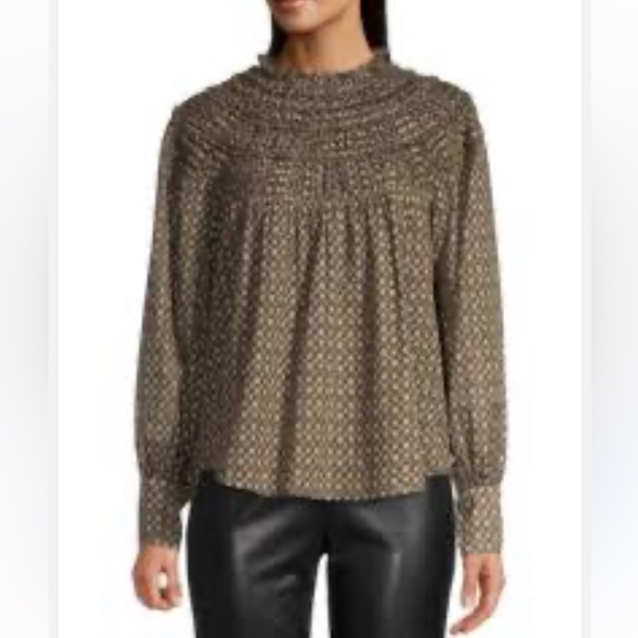 Rebecca Taylor x Anthropologie Fleur Brown Smocked Silk Blend Blouse 0,2,4,6, 14 - Picture 2 of 5